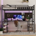 Metal Loft Bed Frame with Desk and Storage Shelf - Black - Image 2