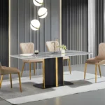 Marble Stone Slate Rectangular Dining Table with Titanium Plated Stainless Steel Base - Minimalist Design