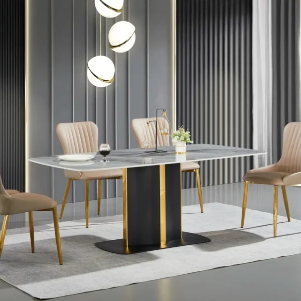 Titanium Plated Stainless Steel Base Nordic Marble Stone Slate Tabletop Modern Minimalist Rectangular Dining Room Table