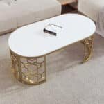 Modern Oval Coffee Table with Cut-Out Pattern Metal Frame - White and Gold - Image 2