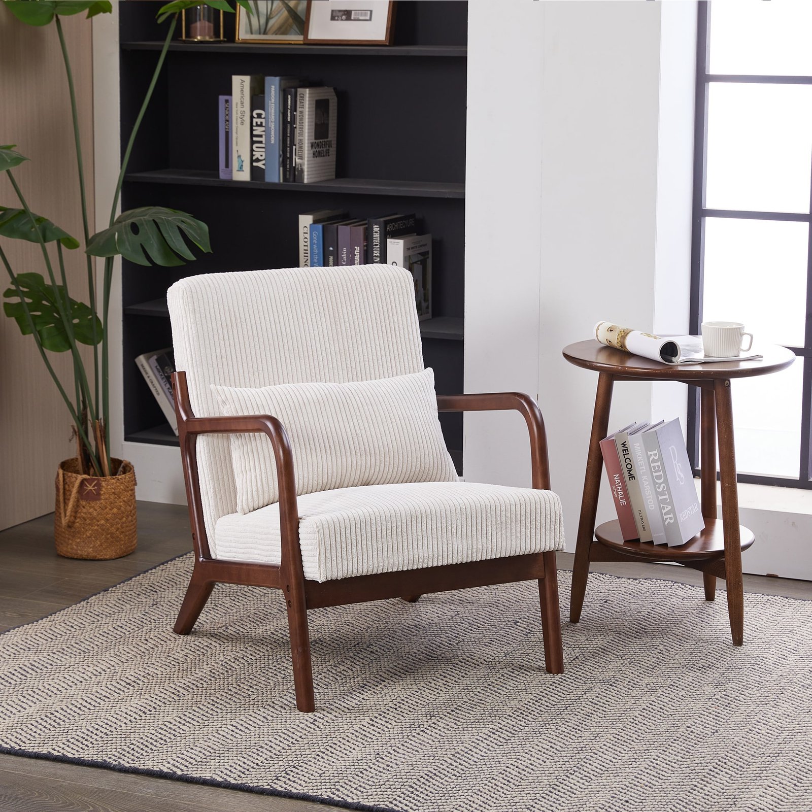 Upholstered Mid-Century Modern Accent Chair with Pillow - Beige