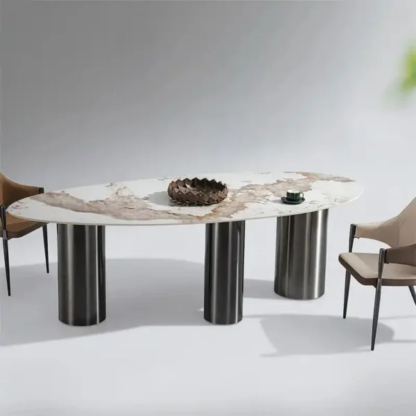 Designer Style Oval Glossy Granite Sintered Marble Stone Slate Tabletop Dining Room Table With Cylindrical-Shaped Legs