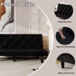 Velvet Sofa Bed with Tufted Design - 2-Seater - Black - Image 3
