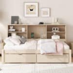 Particle Board Twin Size Bed Frame with Side Bookshelves and Built-in USB Port - Natural - Image 3