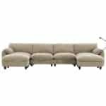 Chenille U-Shape Modular Sofa with USB Charger and Movable Ottoman - Striped - Image 11