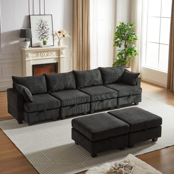 Corduroy U-Shaped Modular Sofa with Storage Ottoman - 6-Seater - Versatile Configuration