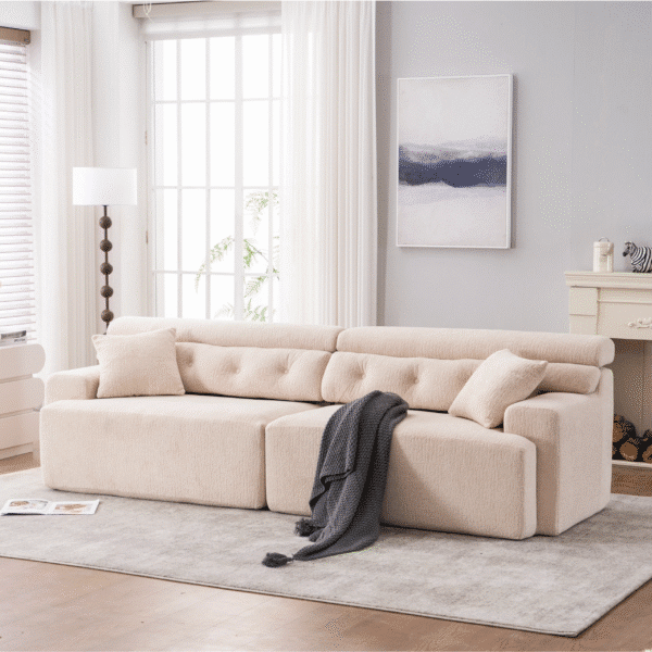 Chenille Fabric 4-Seater Compression Sofa with Wider Armrests and 2 Pillows - Apricot