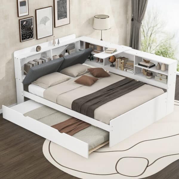 Wood Platform Bed with Trundle and Storage Headboard - White