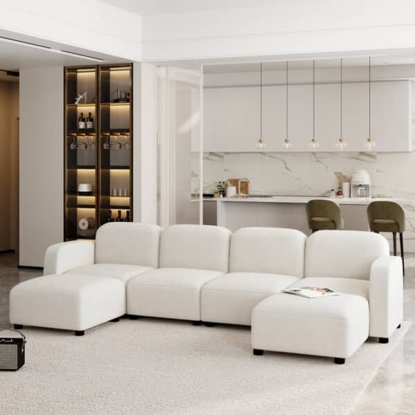 Teddy Velvet U-Shaped Modular Sofa with Ottoman - 6-Seater - Beige
