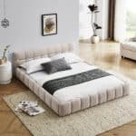 Chenille Upholstered Queen Platform Bed with Headboard - Beige