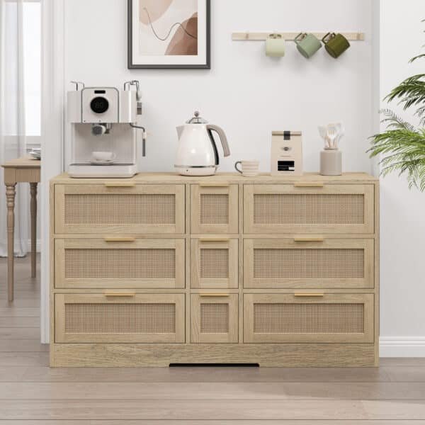Natural Rattan Storage Cabinet with 9 Drawers and Metal Handles - Elegant Design