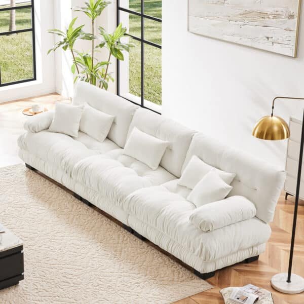 Chenille Modular Sectional Sofa with Round Bolster Armrests - White