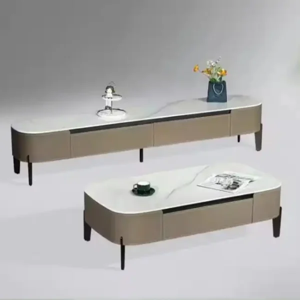 Modern Luxury Home Crystal Stone Furniture Tv Stand and Coffee Table Wooden Modern Saddle Leather Surface Two Drawer Metal Legs
