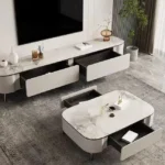 White Rock Slab Square Coffee Table with Solid Wooden Framework - Modern