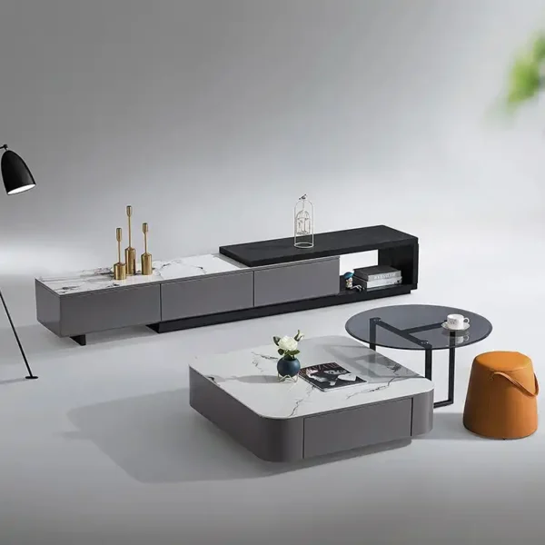 Stylish Sitting Room Tea Tables Light Grey Center Tables Metal Frame Tempered Glass Coffee Table Set and Stretchable TV Cabinet