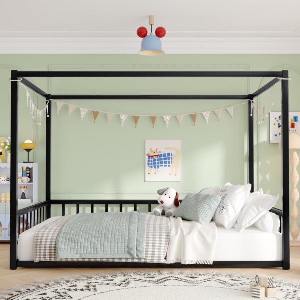 Full size sunshade floor bed, iron double-size bed frame, modern low-profile double-size bed, equipped with fence-style guardrails, black series