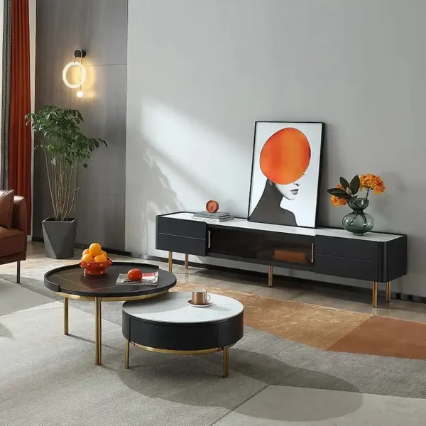 Living Room Furniture Luxury Round Golden Coffee Table Set with Tv Stand