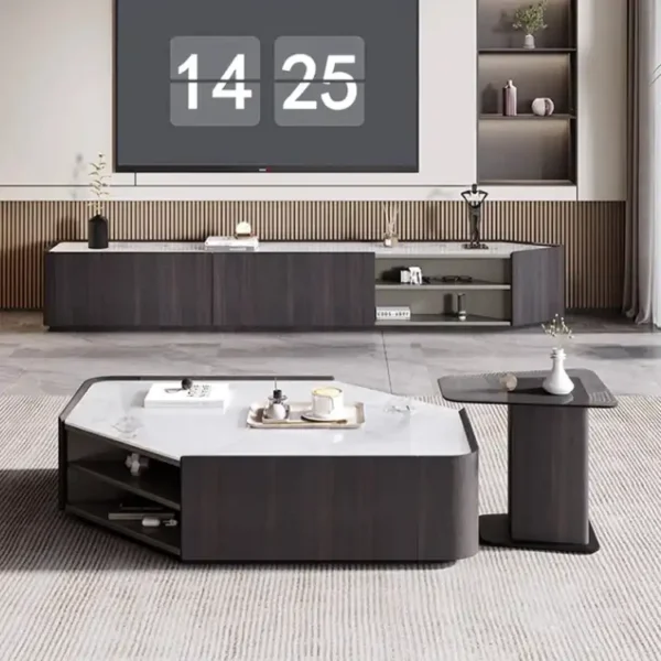 Modern Simple Smoked Black Wood Skin TV Stand Tea Table Home Rock Plate Shaped for Living Room or Bedroom Made of Metal