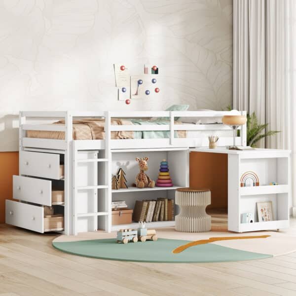 White Rubber Wood Loft Bed with Storage & Desk - Space-Saving Twin Design