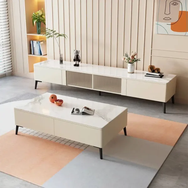 Luxury Marble Top Wood Tv Unit Cabinets Modern Tv Stand and Coffee Table with Drawer for Living Room Furniture
