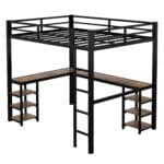 Metal Loft Bed Frame with Desk and Storage Shelf - Black - Image 4