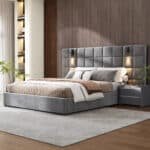 Velvet Queen Bed with Wide Headboard and USB Port - Grey - Image 2