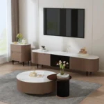 Glossy Stone Coffee Table with TV Stand and Built-in Drawer - Snow White - Image 5