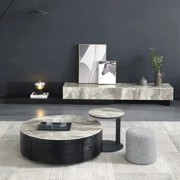 Modern Minimalist Light Rock Panel Telescopic Size Round Coffee Table TV Cabinet Combination