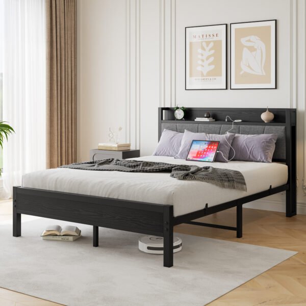 Queen Size Bed Frame, Storage Headboard with Charging Station, Solid and Stable, No Box Spring Needed, Easy Assembly