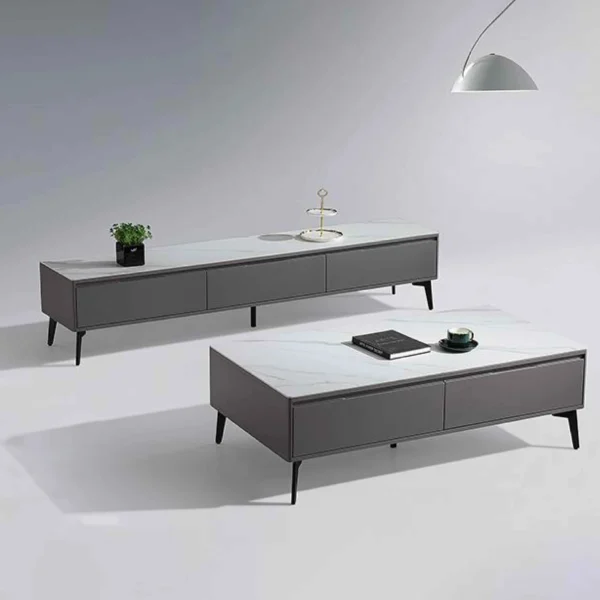 Light Luxury Tea Table TV Cabinet Stainless Steel Rock Plate Combination New Simple TV Cabinet Tea Table Set