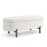 ⁦Foam Oval Storage Ottoman with Rubber Wood Legs - Beige⁩ - الصورة ⁦11⁩