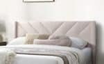 Velvet Queen Bed with Geometric Headboard - Light Pink - Image 5