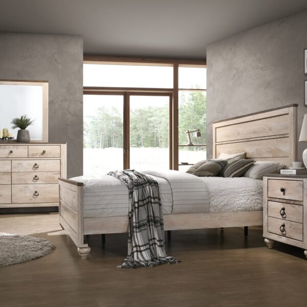 Imerland Contemporary White Wash Finish 4-Piece Bedroom Set-King Bed, Dresser, Mirror and Nightstand