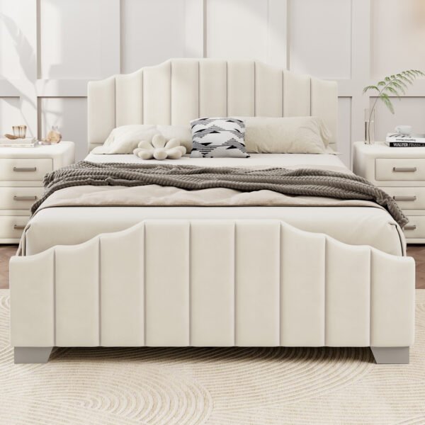Queen Size Velvet Upholstered Platform Bed Vertical Channel Tufted Headboard and Footboard, No Box Spring Needed, Beige