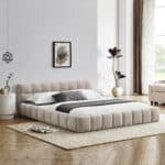 Chenille Upholstered Queen Platform Bed with Headboard - Beige - Image 2