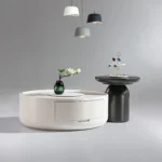 Ceramic Round Coffee Table with Drawer - Light Luxury Design