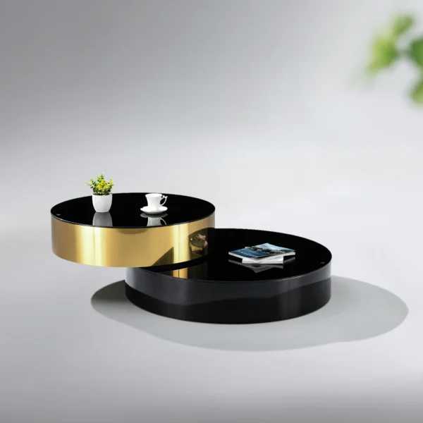 360 Degree Rotation Stainless Steel Black and Gold Mirrored Round Black tempered Glass Top Tea Table Coffee Designs