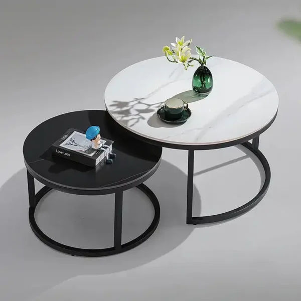 Contemporary Round Nesting Coffee Table Gold Metal Side Marble Wooden Tea Coffee Table Set Center Table