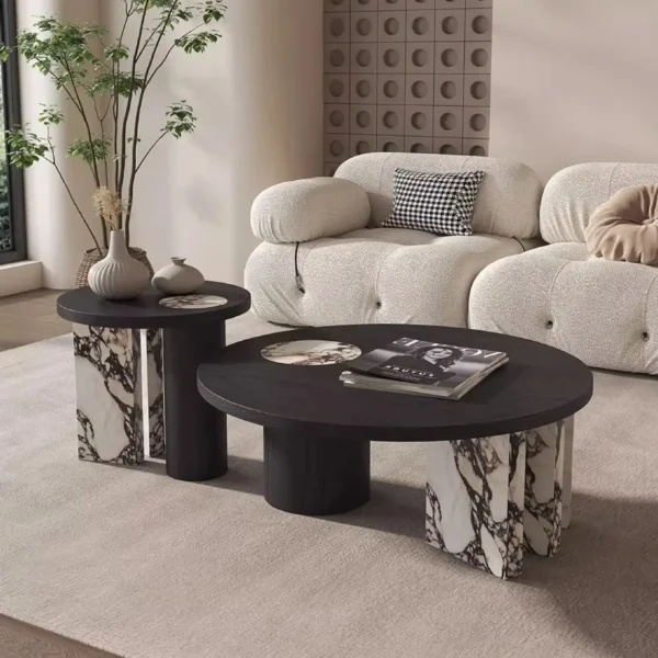 Slate Artificial Marble Round Coffee Table with Side Table - Luxury Design