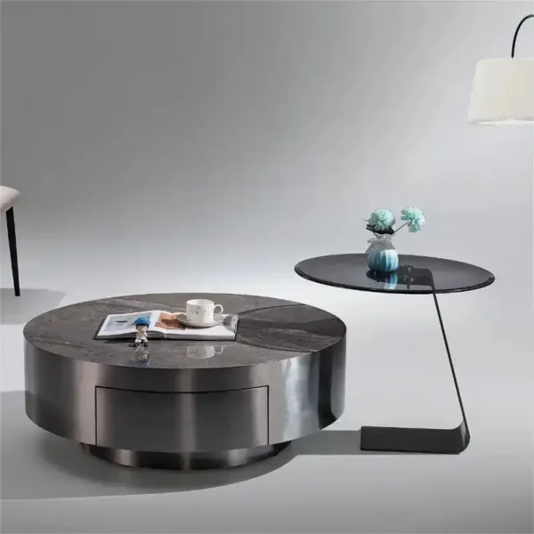 Luxury Living Room Storage Furniture Modern Side Table Simple Stainless Steel Round Stone Plate Coffee Table