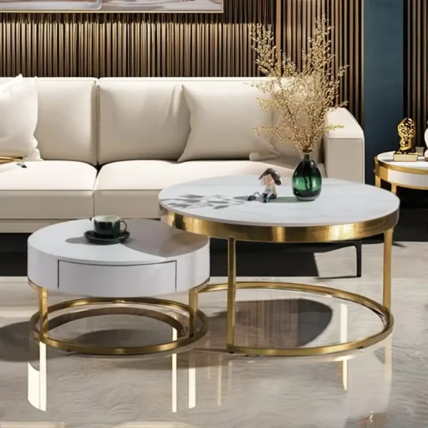 Modern Elegant Rock Stone Golden Steel Coffee Table Wooden Storage Dining Gym Set Home Living Room Furniture Metal Panel Villa