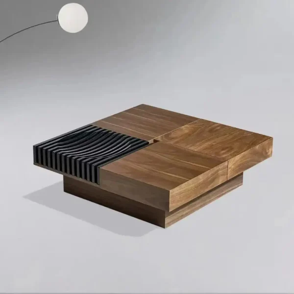 Modern Mid-Century Walnut Bark Wood Tea Table Soild Wood Frame With Drawer Square Coffee Table for Office Cafe Shop