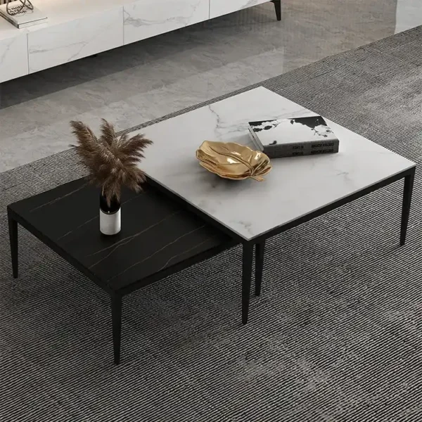 Contemporary Nesting Coffee Table Black Metal Side Marble 2 Pieces Tea Coffee Table Set Center Table