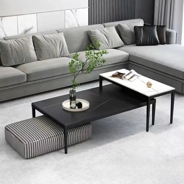 Modern Wrought Iron Coffee Table with Travertine Stone, Durable Home Furniture for Living Room
