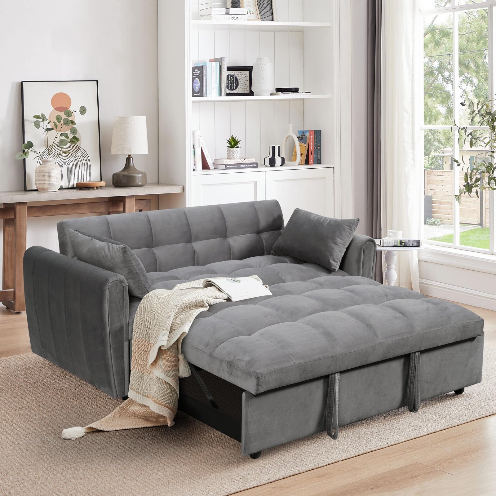 Velvet 3-in-1 Foldable Sofa Bed with Adjustable Back and Storage - Dark Grey