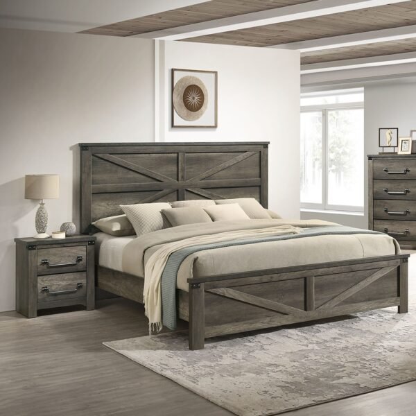 Rustic Gray 3pc Set Eastern King Size Bed 2x Nightstands Unique Design Headboard Bedroom Furniture Metal Accents