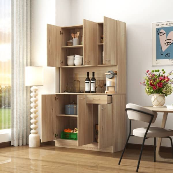 Melamine MDF Wardrobe & Kitchen Cabinet with 6 Doors, 1 Drawer, and Open Shelf - Rustic Oak