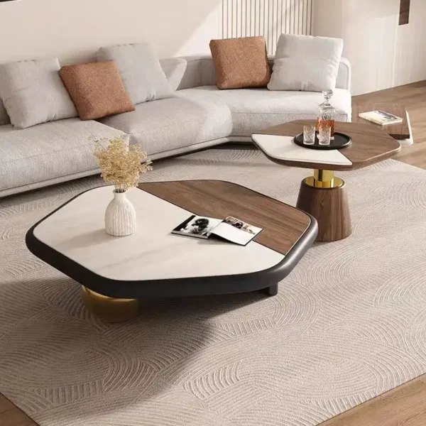 Modern Designer Coffee Table Set Luxury Irregular Wooden Stone Gold Coffee Table and Side Table for Living Room