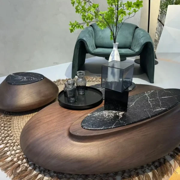 Modern Simple Oval Egg Center Table for Home Decorative Unique Design Villa Coffee Table Wood and Marble Top