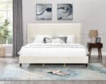 Beige Velvet Wingback Platform Bed with Padded Headboard - King - Image 2